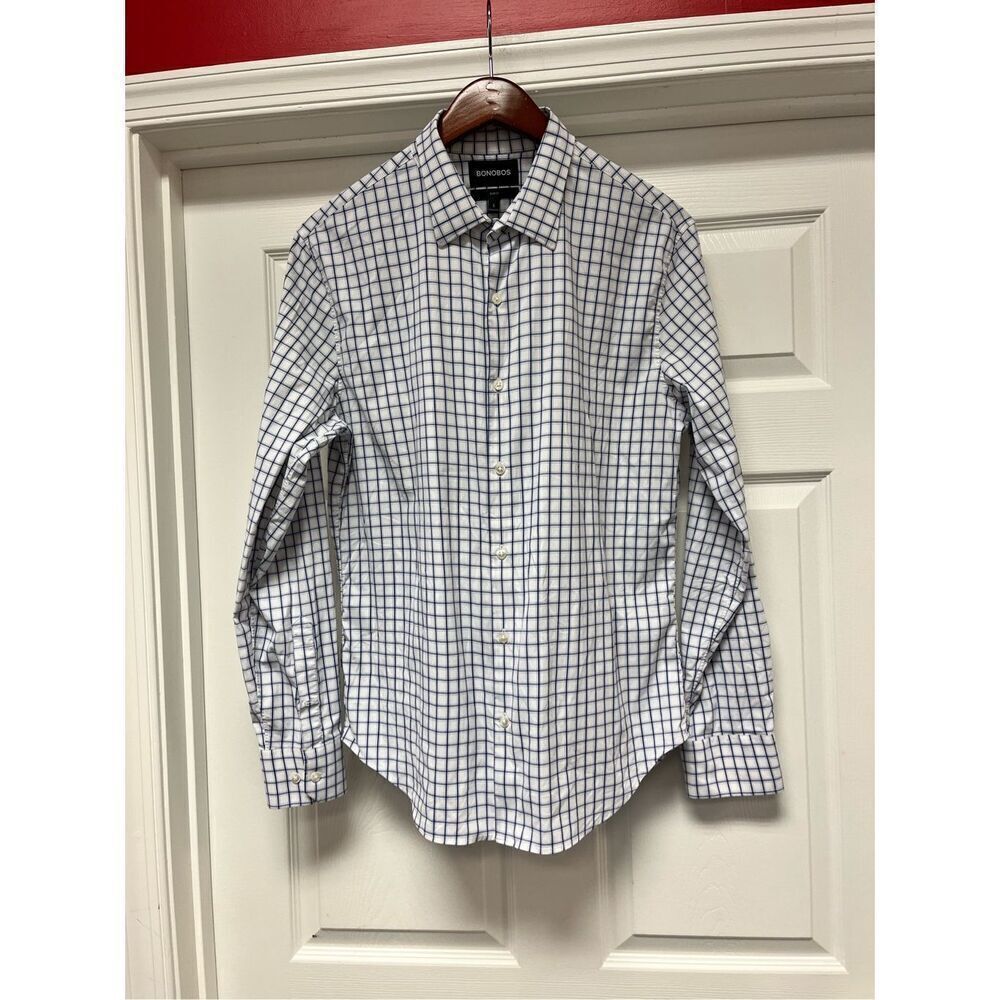 Bonobos White & Blue Windowpane Slim Fit Button Down Shirt sz L EUC